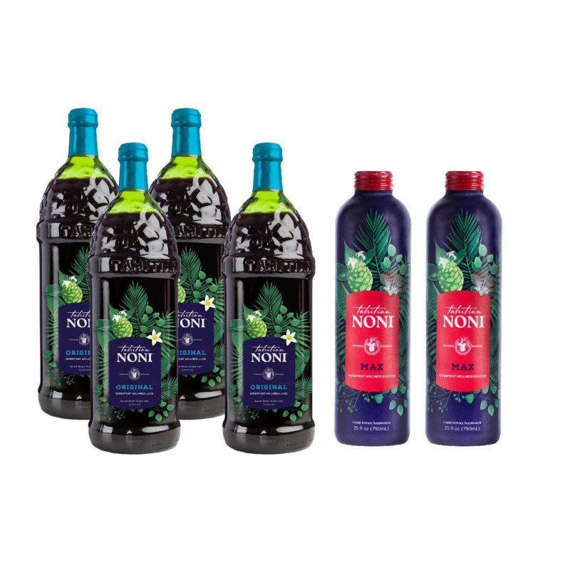 TNJ & Max Pack - 4 Botellas de Tahitian Noni Original + 2 Botellas de Noni Max